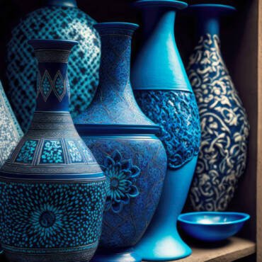 beautiful blue ceramic vases decorated with patterns on shelves in old middle eastern market