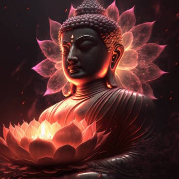 Beautiful light spectrum Buddha's light flashing, Bright red, yellow lotus flower, burning cloud-like petals, surrounded by magic chaos light, white smoke, falling reflected light, water pattern.