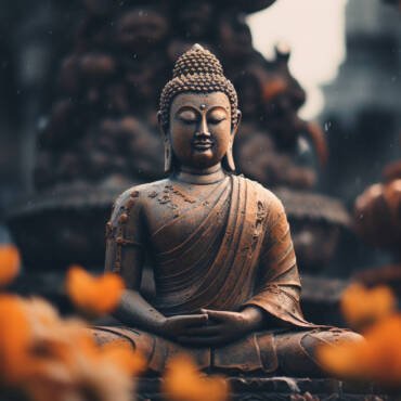 photograph of Buddha sculpture, bangkok temple background, cinematic aesthetic, --ar 3:2