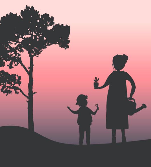 Silhouette of mother and son gardening vector