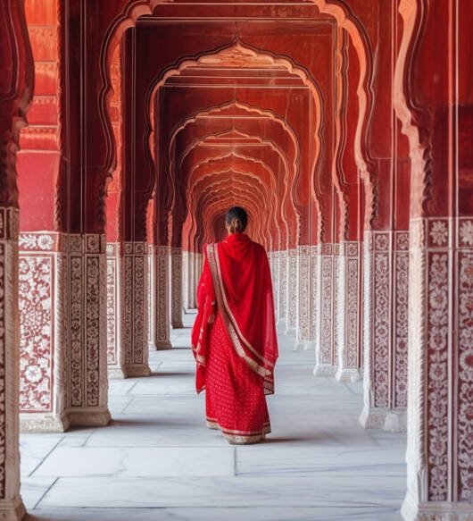 woman-walks-through-red-fort-with-columns-arches