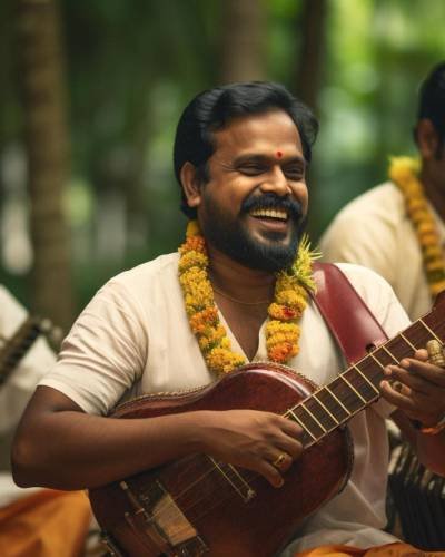 man-plays-banjo-with-other-men-playing-strings