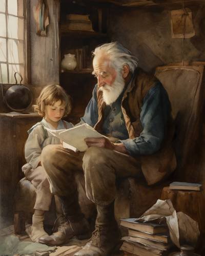 painting-man-child-reading-book painting-man-child-reading-book