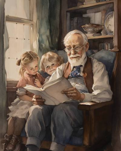 painting-man-reading-book-with-his-two-children painting-man-reading-book-with-his-two-children