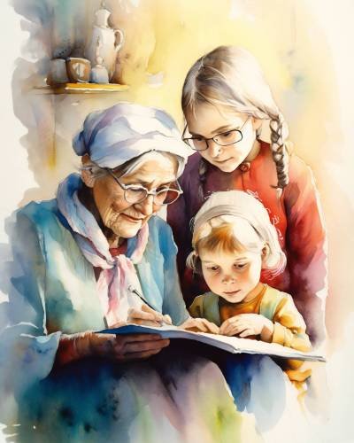watercolor-painting-old-woman-child-reading-book watercolor-painting-old-woman-child-reading-book